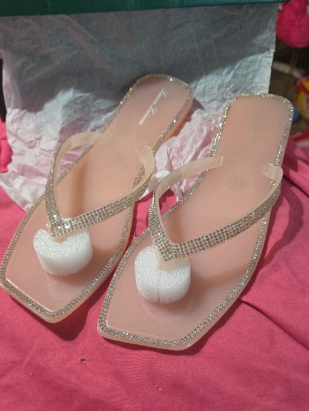 Embellished Pink Jelly Flip-Flop Sandals with Rhinestones